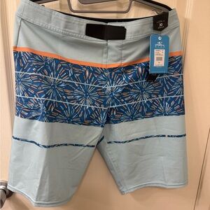 O'Neill Blue and Orange Board Shorts with Geometric Pattern